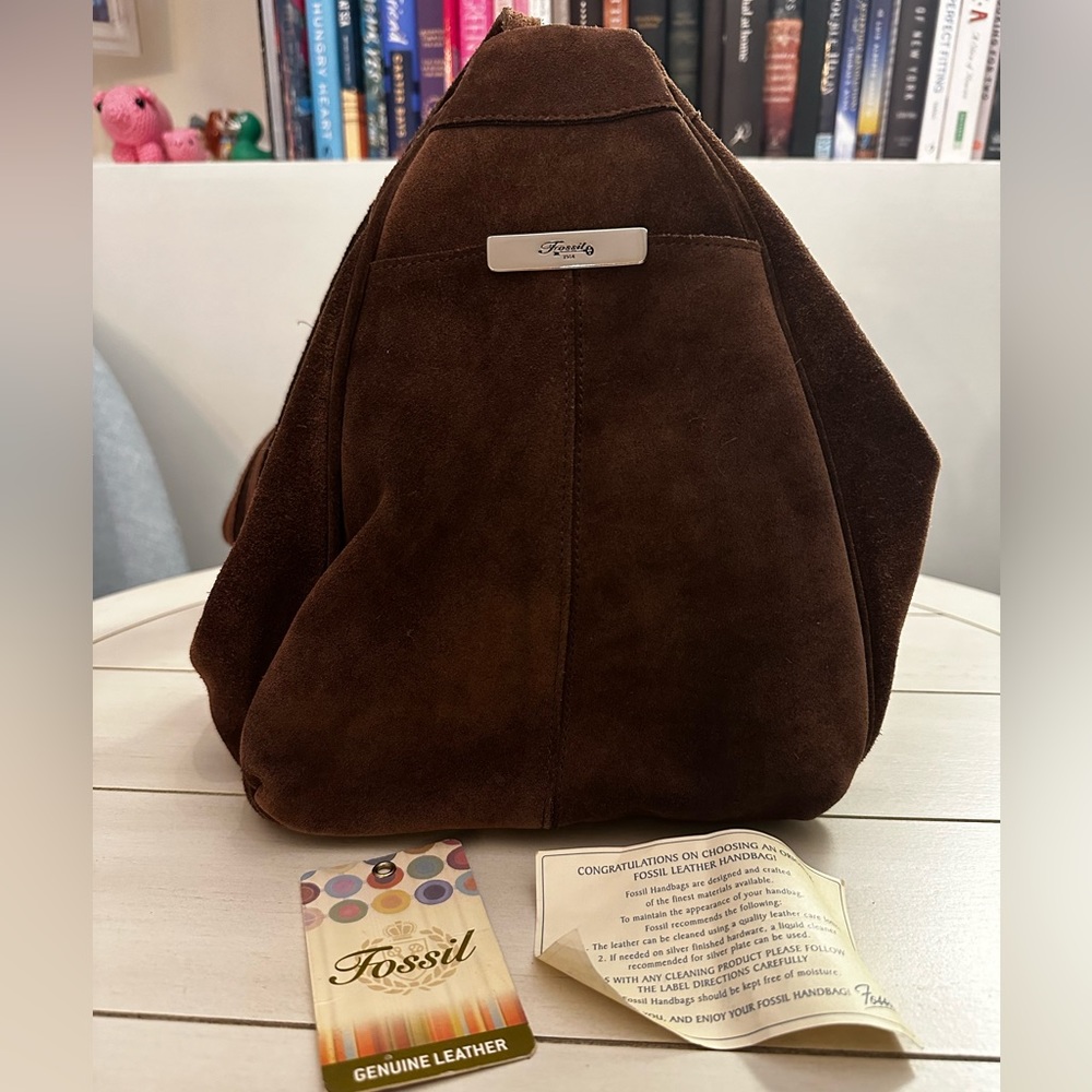 Fossil 90s y2k brown suede convertible shoulder bag & backpack with many pockets